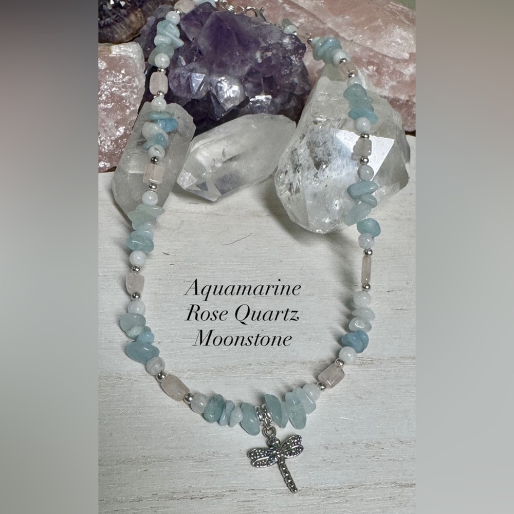 16” Aquamarine, Rose Quartz & Moonstone Gemstone Beaded Necklace - Handcrafted